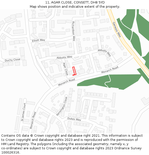 11, AGAR CLOSE, CONSETT, DH8 5YD: Location map and indicative extent of plot
