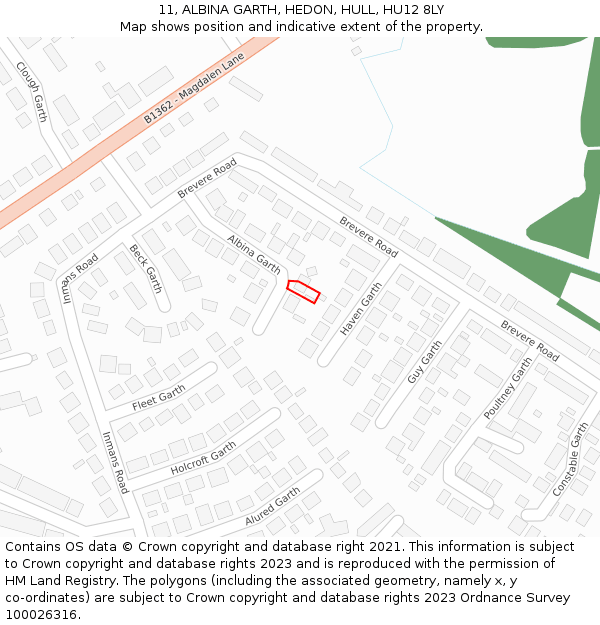 11, ALBINA GARTH, HEDON, HULL, HU12 8LY: Location map and indicative extent of plot