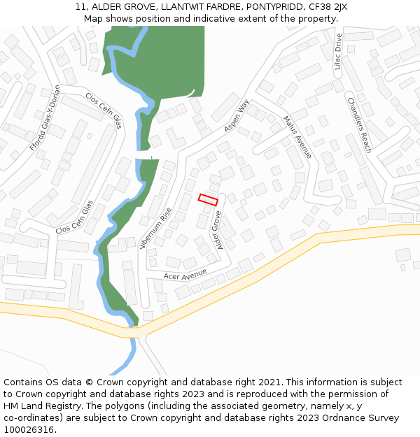 11, ALDER GROVE, LLANTWIT FARDRE, PONTYPRIDD, CF38 2JX: Location map and indicative extent of plot