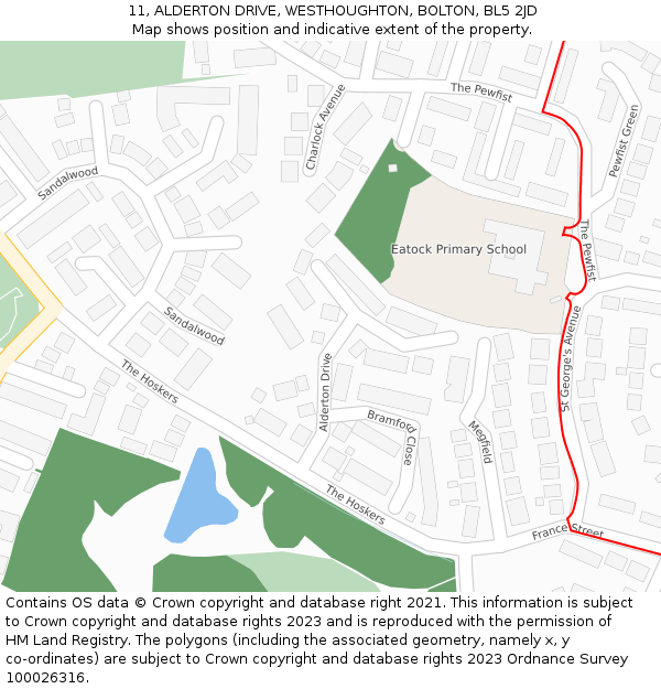 11, ALDERTON DRIVE, WESTHOUGHTON, BOLTON, BL5 2JD: Location map and indicative extent of plot