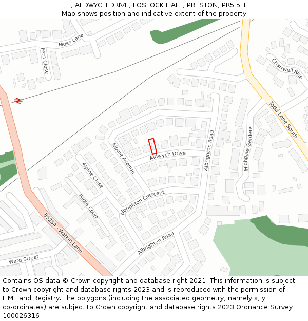 11, ALDWYCH DRIVE, LOSTOCK HALL, PRESTON, PR5 5LF: Location map and indicative extent of plot