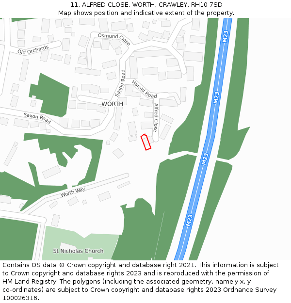 11, ALFRED CLOSE, WORTH, CRAWLEY, RH10 7SD: Location map and indicative extent of plot