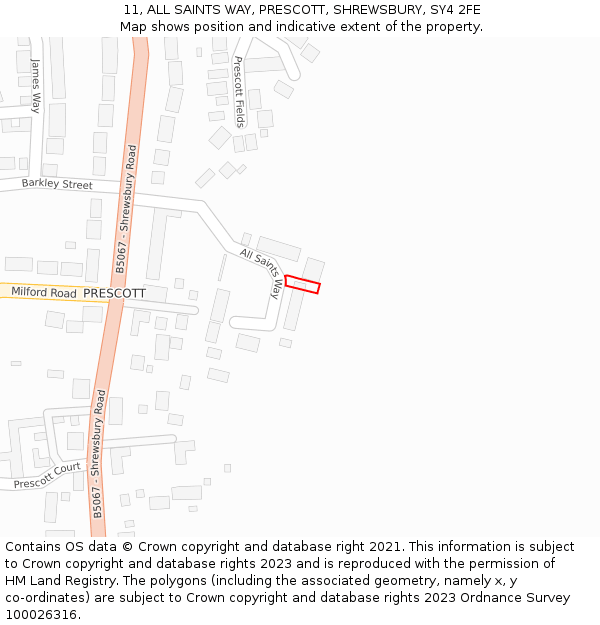 11, ALL SAINTS WAY, PRESCOTT, SHREWSBURY, SY4 2FE: Location map and indicative extent of plot