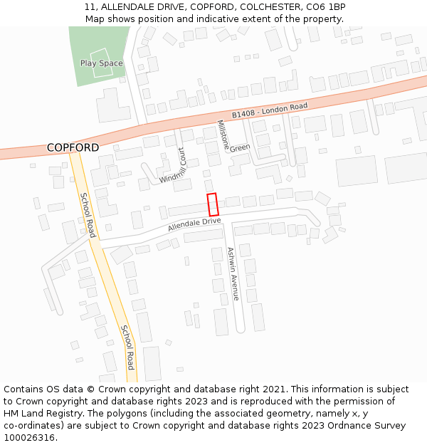 11, ALLENDALE DRIVE, COPFORD, COLCHESTER, CO6 1BP: Location map and indicative extent of plot