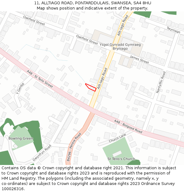 11, ALLTIAGO ROAD, PONTARDDULAIS, SWANSEA, SA4 8HU: Location map and indicative extent of plot