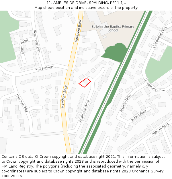 11, AMBLESIDE DRIVE, SPALDING, PE11 1JU: Location map and indicative extent of plot