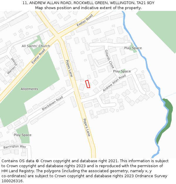 11, ANDREW ALLAN ROAD, ROCKWELL GREEN, WELLINGTON, TA21 9DY: Location map and indicative extent of plot