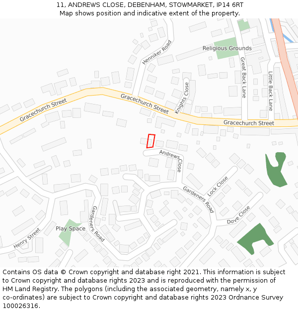 11, ANDREWS CLOSE, DEBENHAM, STOWMARKET, IP14 6RT: Location map and indicative extent of plot