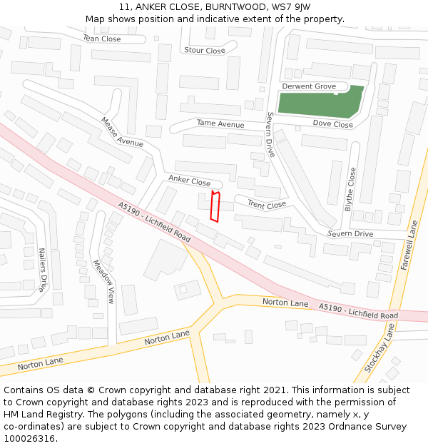 11, ANKER CLOSE, BURNTWOOD, WS7 9JW: Location map and indicative extent of plot