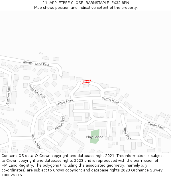 11, APPLETREE CLOSE, BARNSTAPLE, EX32 8PN: Location map and indicative extent of plot