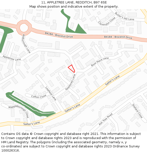 11, APPLETREE LANE, REDDITCH, B97 6SE: Location map and indicative extent of plot