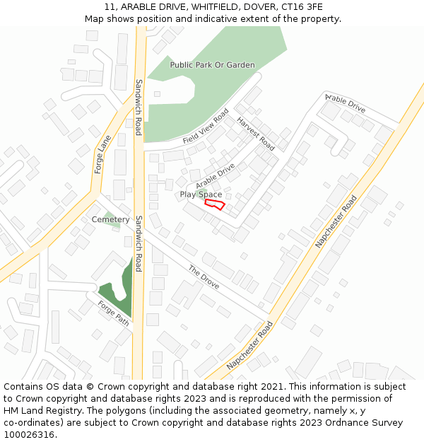 11, ARABLE DRIVE, WHITFIELD, DOVER, CT16 3FE: Location map and indicative extent of plot