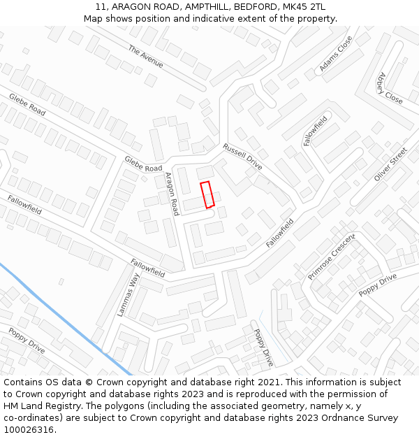 11, ARAGON ROAD, AMPTHILL, BEDFORD, MK45 2TL: Location map and indicative extent of plot