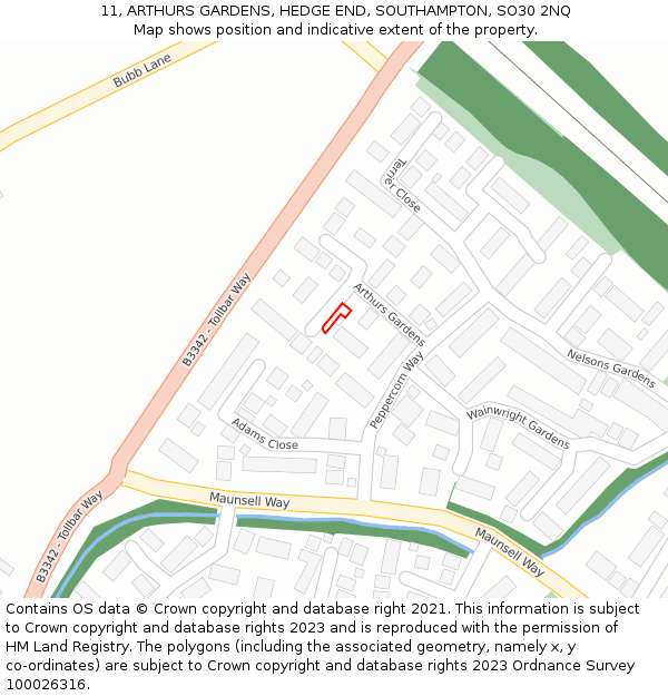 11, ARTHURS GARDENS, HEDGE END, SOUTHAMPTON, SO30 2NQ: Location map and indicative extent of plot