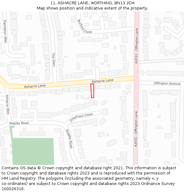 11, ASHACRE LANE, WORTHING, BN13 2DA: Location map and indicative extent of plot