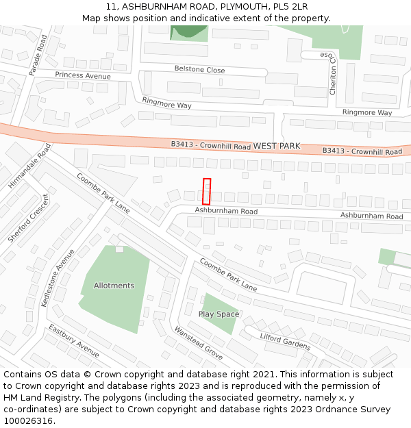 11, ASHBURNHAM ROAD, PLYMOUTH, PL5 2LR: Location map and indicative extent of plot