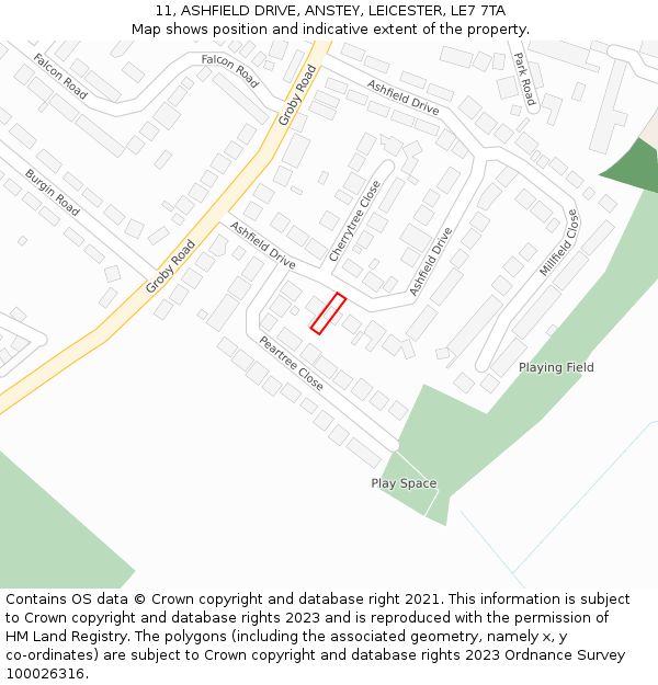 11, ASHFIELD DRIVE, ANSTEY, LEICESTER, LE7 7TA: Location map and indicative extent of plot