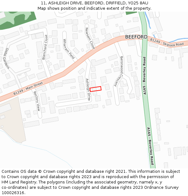 11, ASHLEIGH DRIVE, BEEFORD, DRIFFIELD, YO25 8AU: Location map and indicative extent of plot