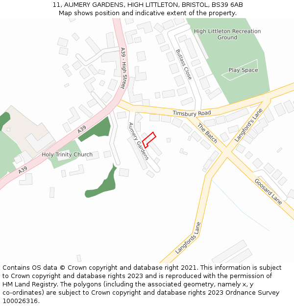 11, AUMERY GARDENS, HIGH LITTLETON, BRISTOL, BS39 6AB: Location map and indicative extent of plot