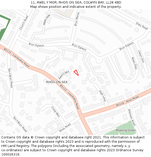 11, AWEL Y MOR, RHOS ON SEA, COLWYN BAY, LL28 4BD: Location map and indicative extent of plot