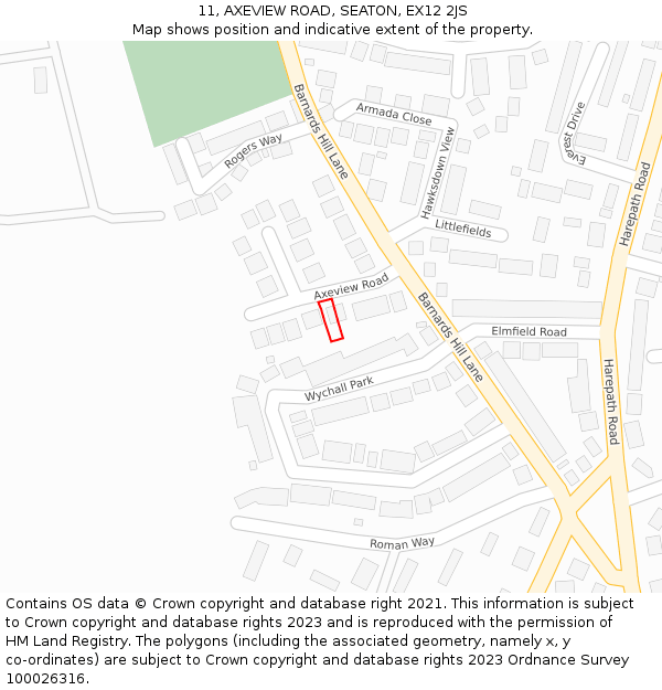 11, AXEVIEW ROAD, SEATON, EX12 2JS: Location map and indicative extent of plot
