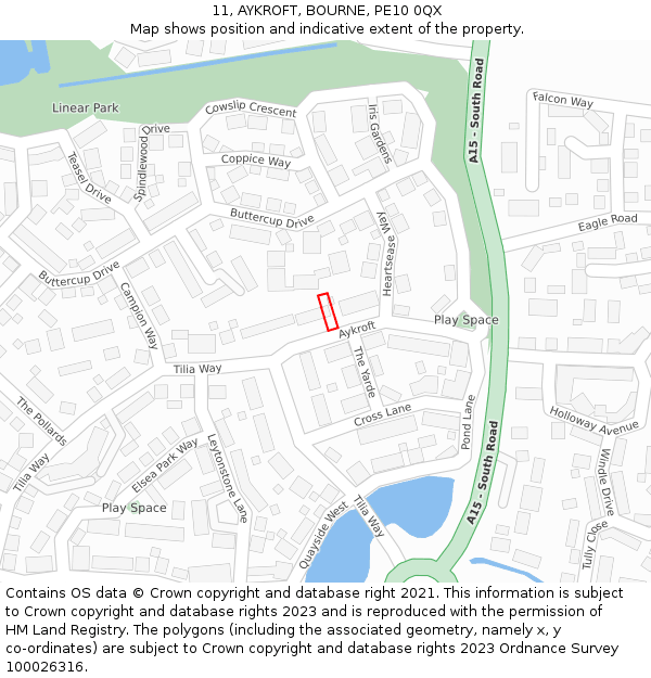 11, AYKROFT, BOURNE, PE10 0QX: Location map and indicative extent of plot