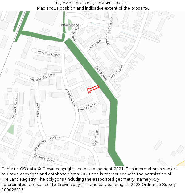 11, AZALEA CLOSE, HAVANT, PO9 2FL: Location map and indicative extent of plot