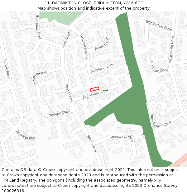 11, BADMINTON CLOSE, BRIDLINGTON, YO16 6GD: Location map and indicative extent of plot