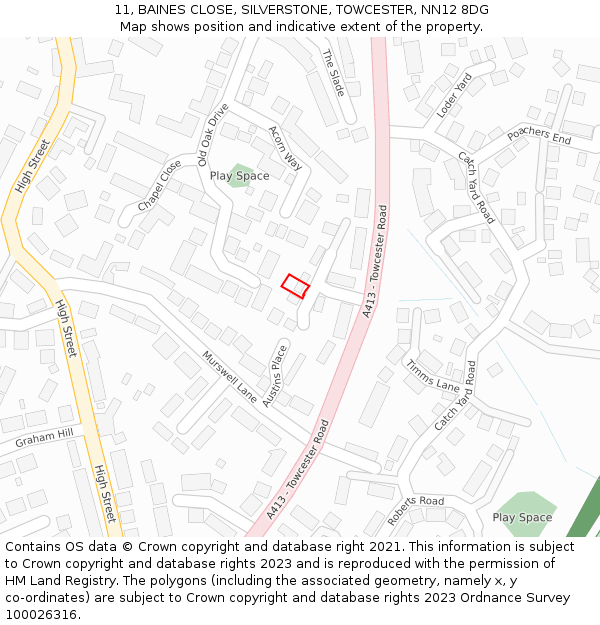 11, BAINES CLOSE, SILVERSTONE, TOWCESTER, NN12 8DG: Location map and indicative extent of plot