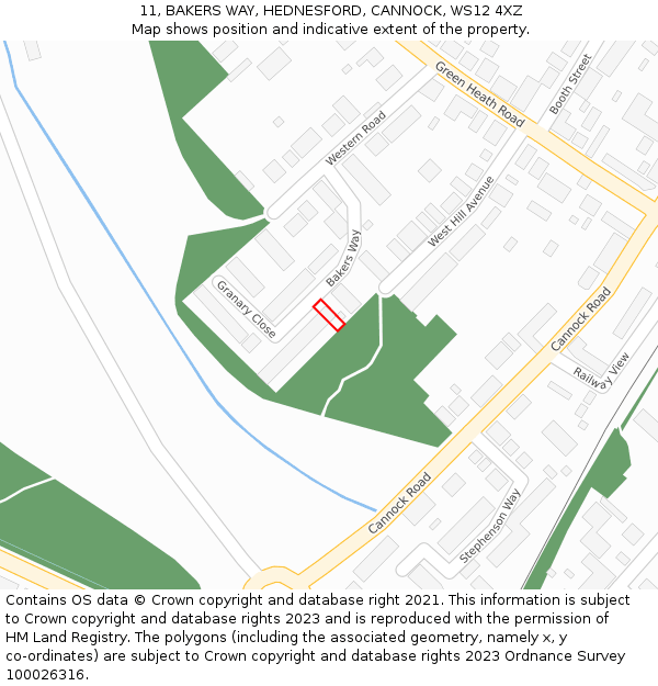 11, BAKERS WAY, HEDNESFORD, CANNOCK, WS12 4XZ: Location map and indicative extent of plot