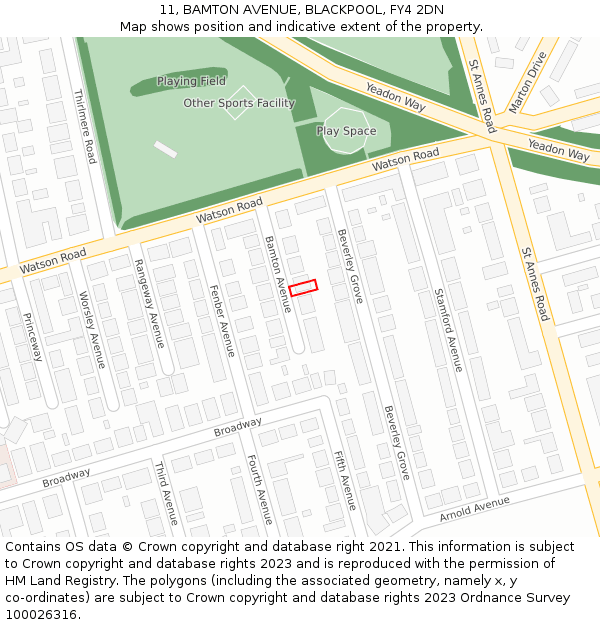 11, BAMTON AVENUE, BLACKPOOL, FY4 2DN: Location map and indicative extent of plot