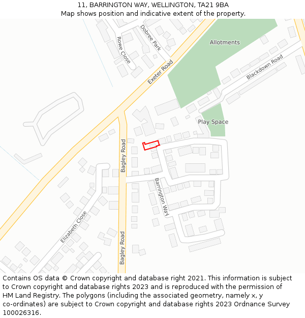 11, BARRINGTON WAY, WELLINGTON, TA21 9BA: Location map and indicative extent of plot