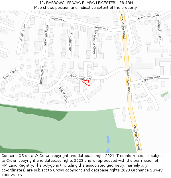 11, BARROWCLIFF WAY, BLABY, LEICESTER, LE8 4BH: Location map and indicative extent of plot