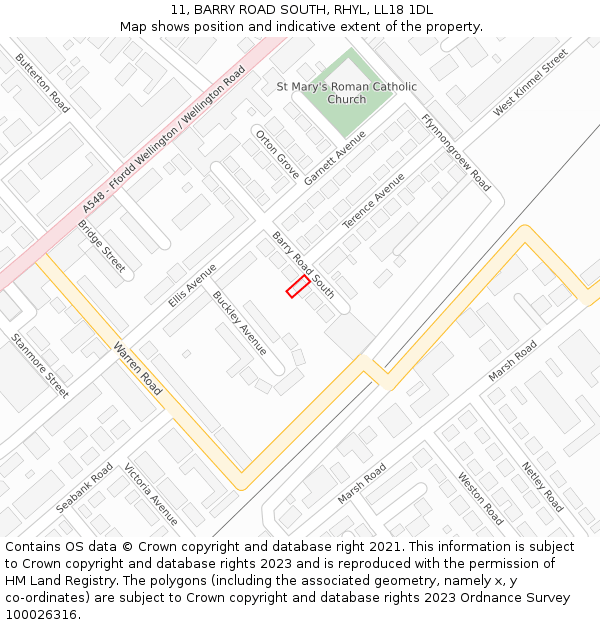 11, BARRY ROAD SOUTH, RHYL, LL18 1DL: Location map and indicative extent of plot