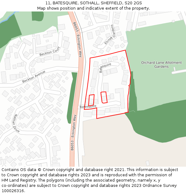 11, BATESQUIRE, SOTHALL, SHEFFIELD, S20 2GS: Location map and indicative extent of plot