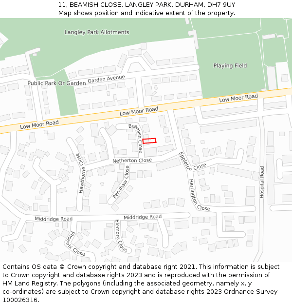 11, BEAMISH CLOSE, LANGLEY PARK, DURHAM, DH7 9UY: Location map and indicative extent of plot