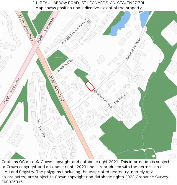 11, BEAUHARROW ROAD, ST LEONARDS-ON-SEA, TN37 7BL: Location map and indicative extent of plot