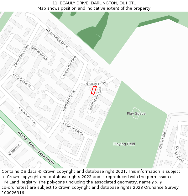 11, BEAULY DRIVE, DARLINGTON, DL1 3TU: Location map and indicative extent of plot