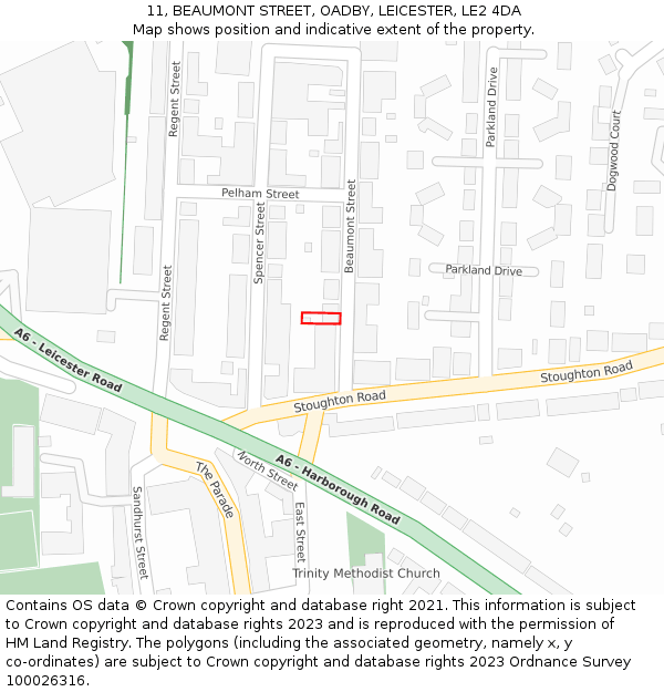 11, BEAUMONT STREET, OADBY, LEICESTER, LE2 4DA: Location map and indicative extent of plot