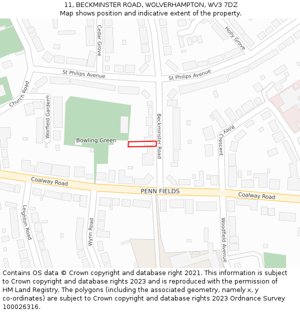 11, BECKMINSTER ROAD, WOLVERHAMPTON, WV3 7DZ: Location map and indicative extent of plot