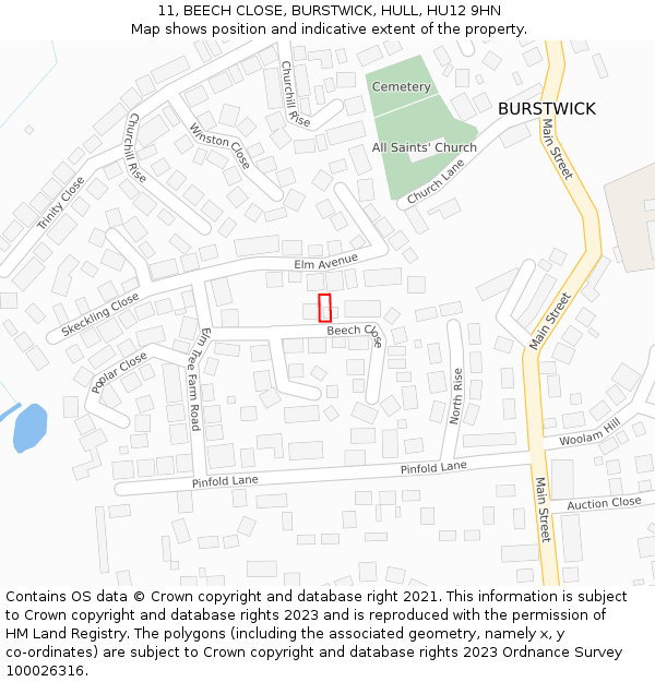 11, BEECH CLOSE, BURSTWICK, HULL, HU12 9HN: Location map and indicative extent of plot