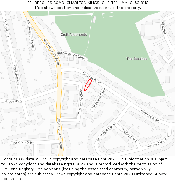 11, BEECHES ROAD, CHARLTON KINGS, CHELTENHAM, GL53 8NG: Location map and indicative extent of plot