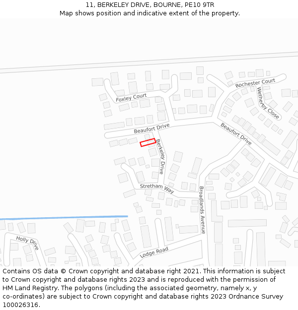 11, BERKELEY DRIVE, BOURNE, PE10 9TR: Location map and indicative extent of plot