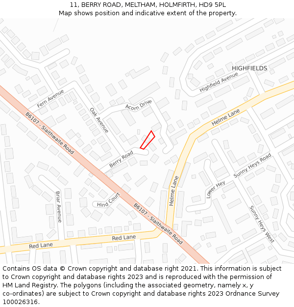 11, BERRY ROAD, MELTHAM, HOLMFIRTH, HD9 5PL: Location map and indicative extent of plot