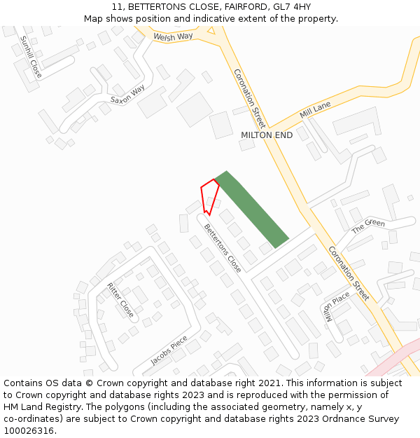 11, BETTERTONS CLOSE, FAIRFORD, GL7 4HY: Location map and indicative extent of plot