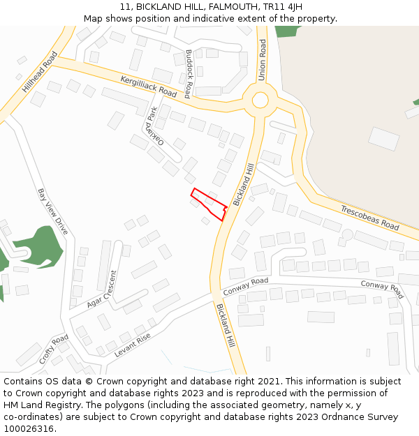 11, BICKLAND HILL, FALMOUTH, TR11 4JH: Location map and indicative extent of plot