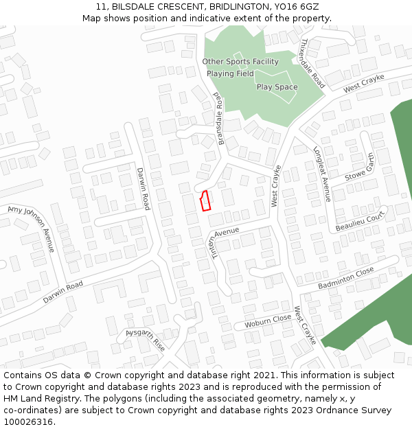 11, BILSDALE CRESCENT, BRIDLINGTON, YO16 6GZ: Location map and indicative extent of plot