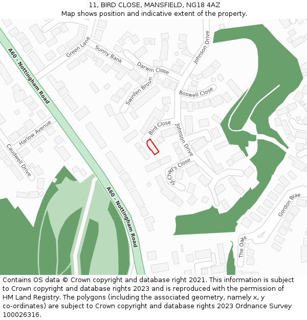 11, BIRD CLOSE, MANSFIELD, NG18 4AZ: Location map and indicative extent of plot