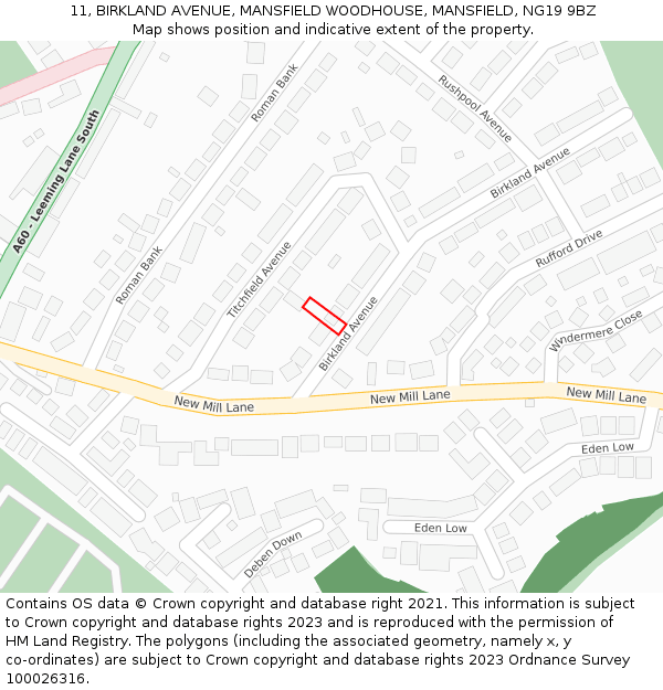 11, BIRKLAND AVENUE, MANSFIELD WOODHOUSE, MANSFIELD, NG19 9BZ: Location map and indicative extent of plot