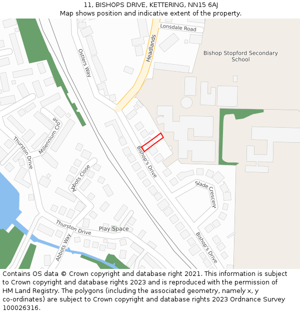 11, BISHOPS DRIVE, KETTERING, NN15 6AJ: Location map and indicative extent of plot
